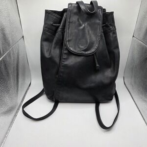 Marco Buggiani Black‎ Leather Backpack Made in Italy Vintage Drawstring Flap Bag